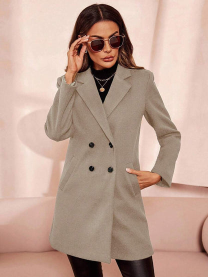 Aveline Double-Breasted Lapel Coat with Tailored Thigh-Length Cut - Navy Blue