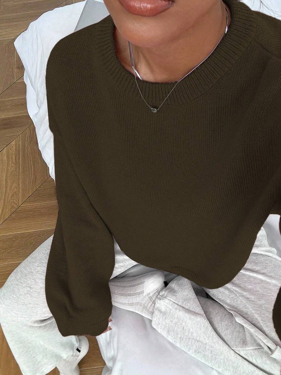Women's Oversized Crew Neck Pullover Sweater, Relaxed Knit Sweater for Fall Winter - Coffee Brown