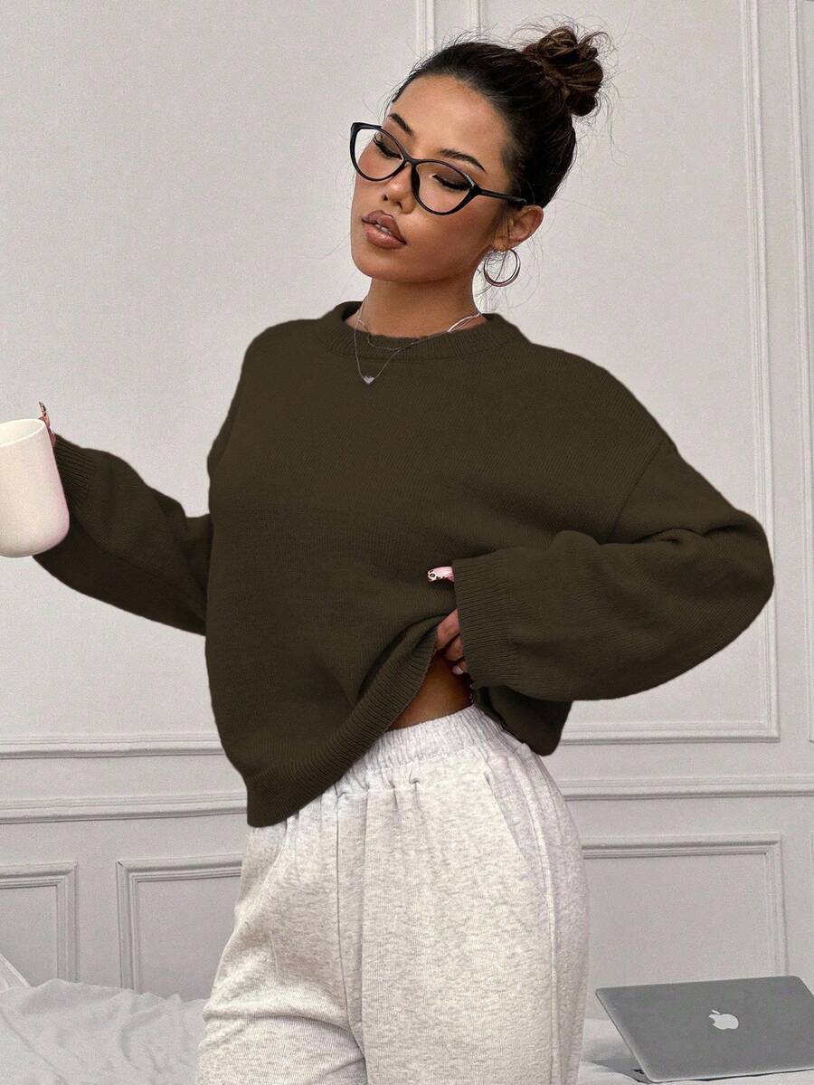 Women's Oversized Crew Neck Pullover Sweater, Relaxed Knit Sweater for Fall Winter - Burgundy