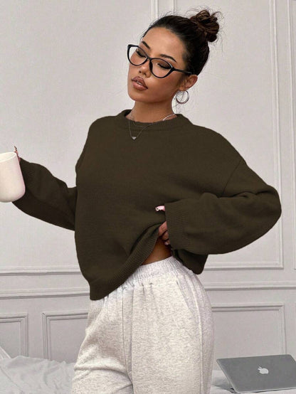 Women's Oversized Crew Neck Pullover Sweater, Relaxed Knit Sweater for Fall Winter - Burgundy