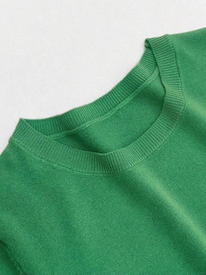 Women's Fine Rib Knit Short Sleeve Top, Fitted Stretch Tee for Layering and Work - Peach