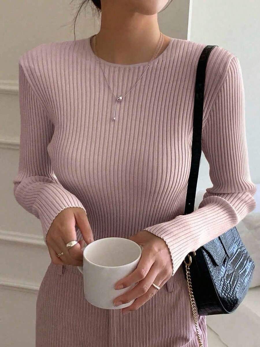 Krakow Ribbed Knit Crew Neck Fitted Pullover Sweater