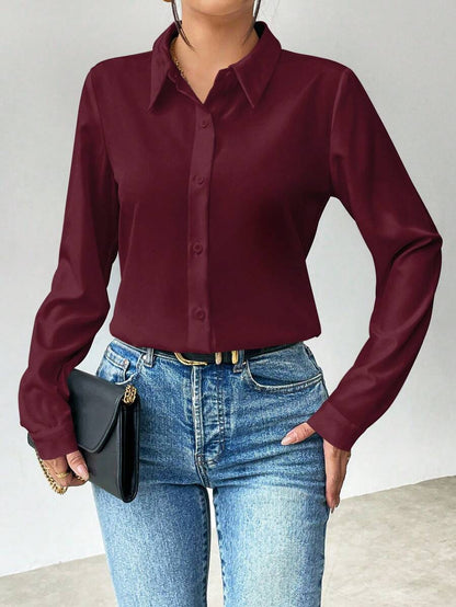 Pia Button Front Long Sleeve Blouse Classic Collared Shirt - Burgundy