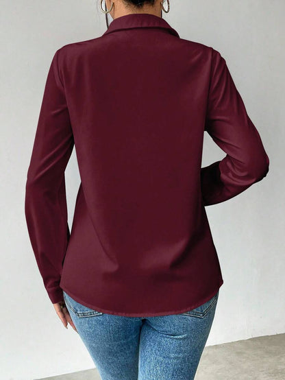 Pia Button Front Long Sleeve Blouse Classic Collared Shirt - Burgundy