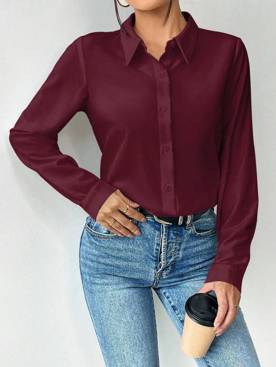 Pia Button Front Long Sleeve Blouse Classic Collared Shirt - Burgundy