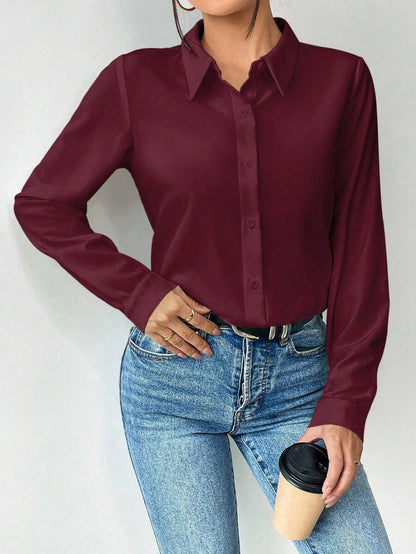 Pia Button Front Long Sleeve Blouse Classic Collared Shirt - Burgundy