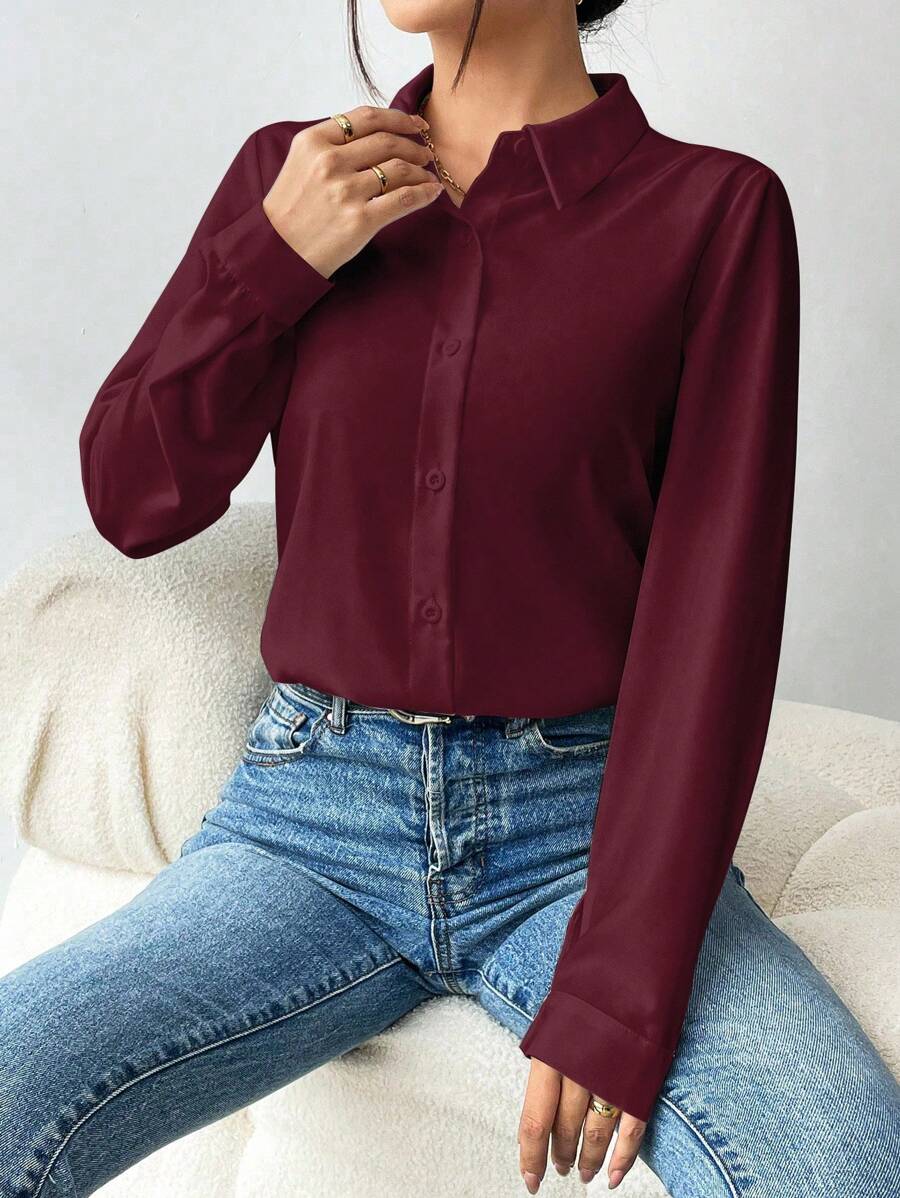 Pia Button Front Long Sleeve Blouse Classic Collared Shirt - Burgundy