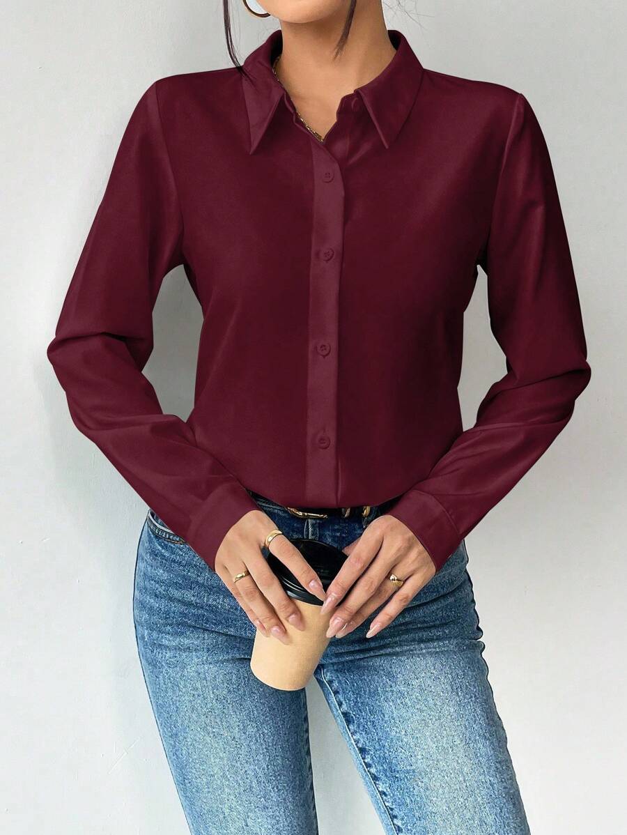 Pia Button Front Long Sleeve Blouse Classic Collared Shirt - Burgundy