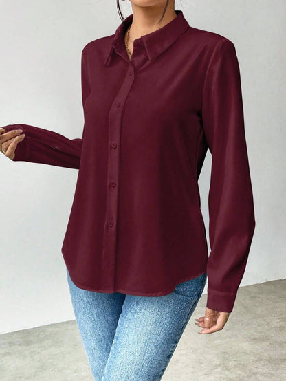 Pia Button Front Long Sleeve Blouse Classic Collared Shirt - Burgundy