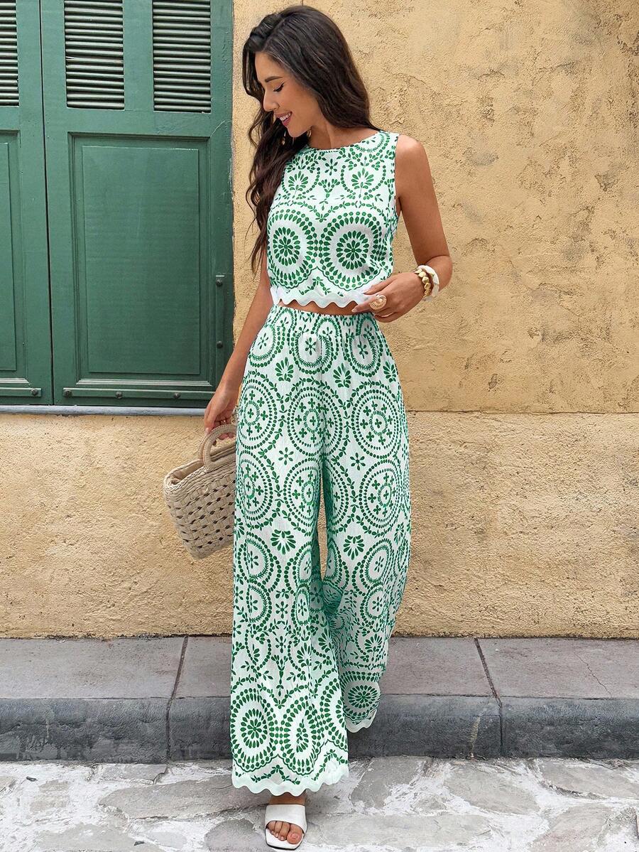 Serisse 2pcs/Set Women Contrast Color Allover Print Casual Sleeveless Top And Loose Fit Wide Leg Pants Summer Blue Vacation Holiday Resort Mensa