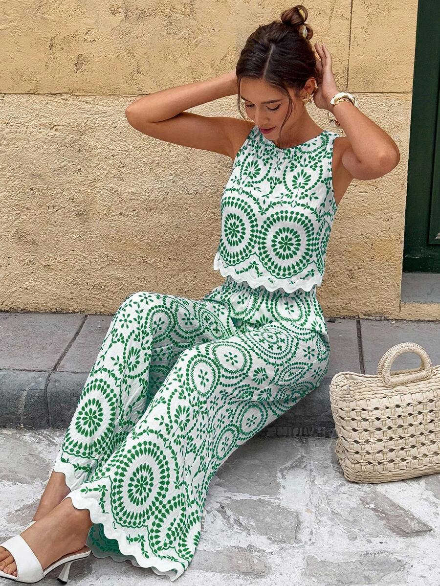 Serisse 2pcs/Set Women Contrast Color Allover Print Casual Sleeveless Top And Loose Fit Wide Leg Pants Summer Blue Vacation Holiday Resort Mensa