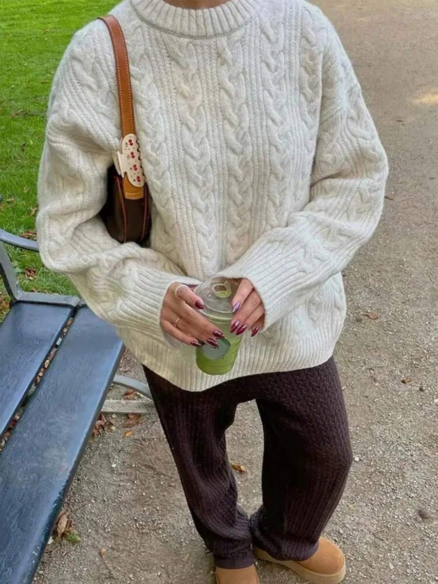Solenne Oversized Chunky Cable Knit Sweater with Drop Shoulders - Cream