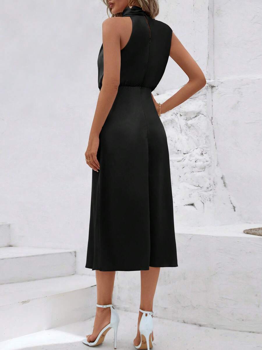 Women's Satin Cowl Neck Halter Midi Dress, Lined Silky Dress for Wedding Guest and Evening - Black