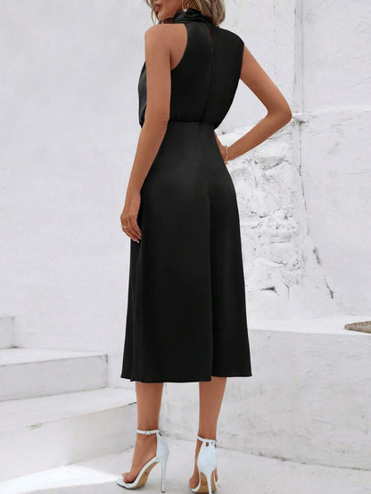 Women's Satin Cowl Neck Halter Midi Dress, Lined Silky Dress for Wedding Guest and Evening - Black
