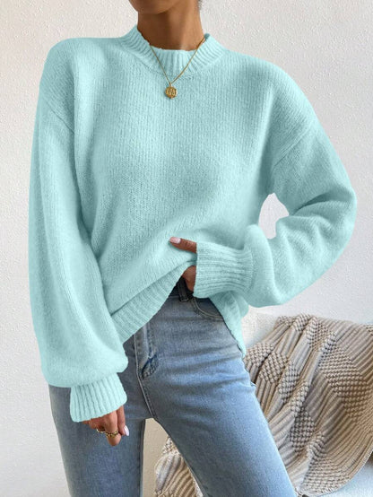 Viola Relaxed Mock Neck Sweater with Drop Shoulders - Ice Blue