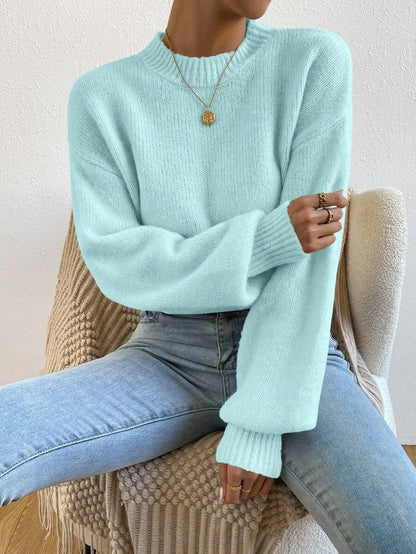 Viola Relaxed Mock Neck Sweater with Drop Shoulders - Ice Blue