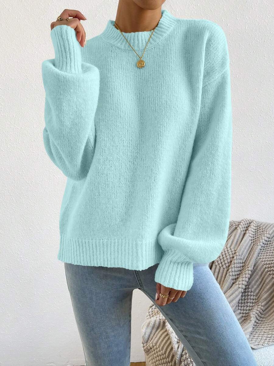 Viola Relaxed Mock Neck Sweater with Drop Shoulders - Ice Blue