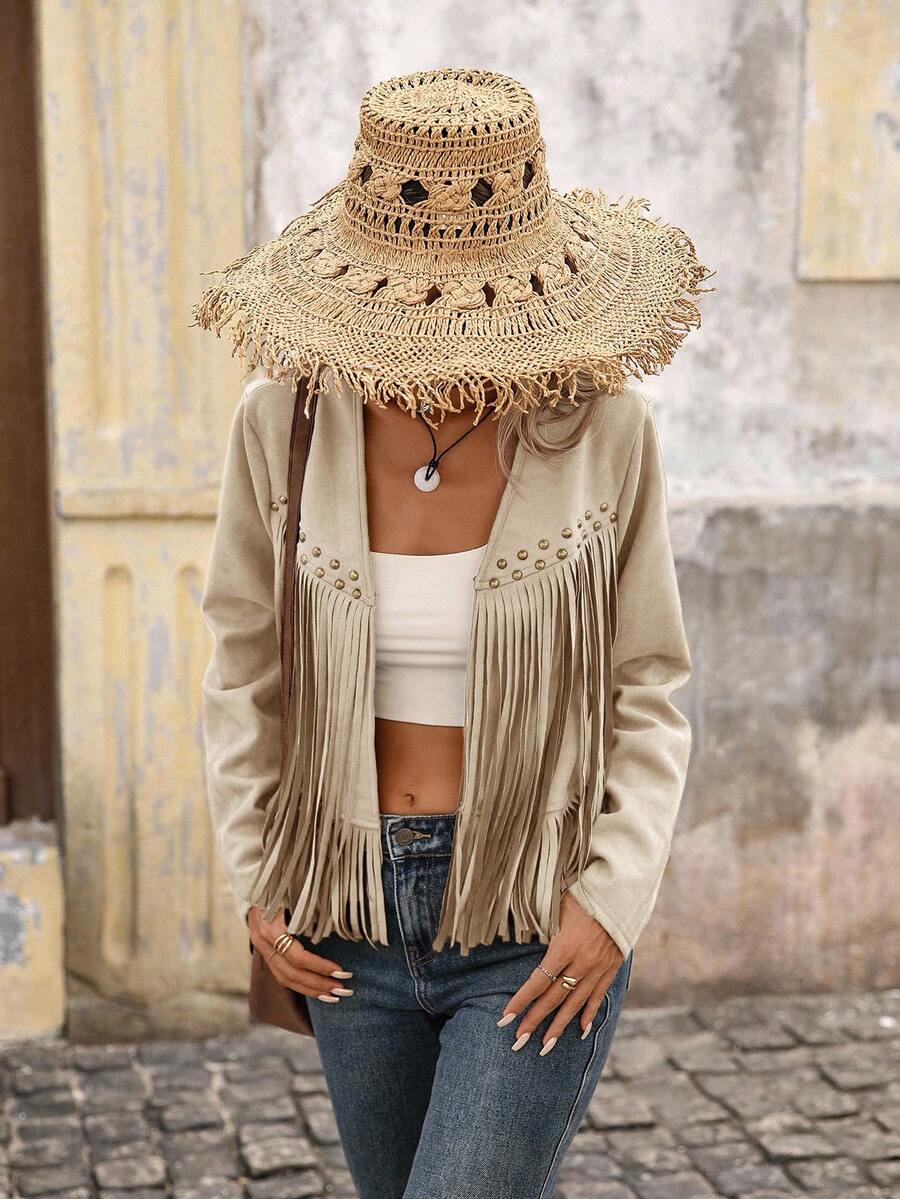 Evangeline Fringe Trim Open Front Crop Jacket - Dusty Mauve