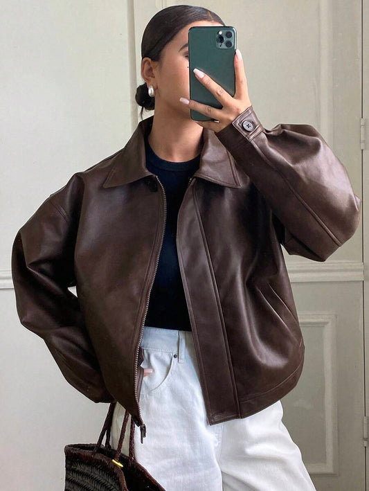 Brielle Thickened PU Faux Leather Loose Outerwear Jacket - Coffee Brown