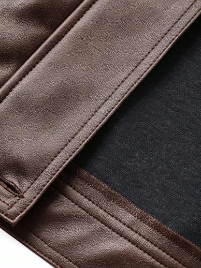 Brielle Thickened PU Faux Leather Loose Outerwear Jacket - Coffee Brown