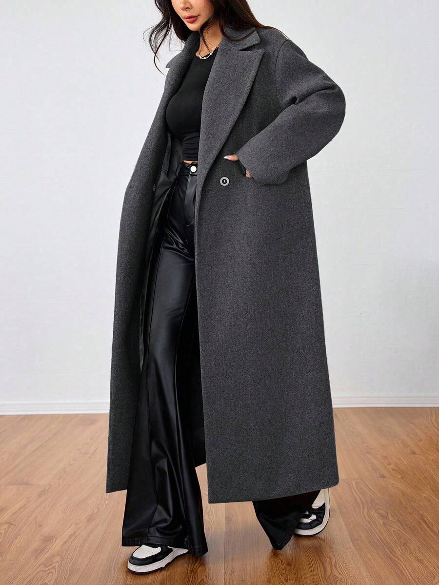 Jolie Oversized Double Breasted Long Coat with Lapel Collar - Charcoal Grey
