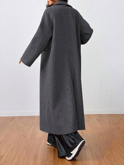 Jolie Oversized Double Breasted Long Coat with Lapel Collar - Charcoal Grey