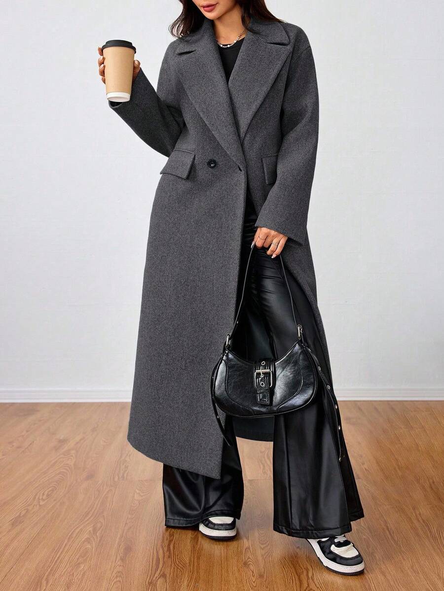 Jolie Oversized Double Breasted Long Coat with Lapel Collar - Charcoal Grey