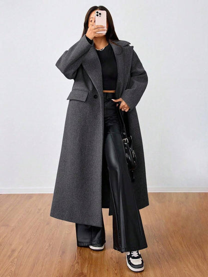Jolie Oversized Double Breasted Long Coat with Lapel Collar - Charcoal Grey