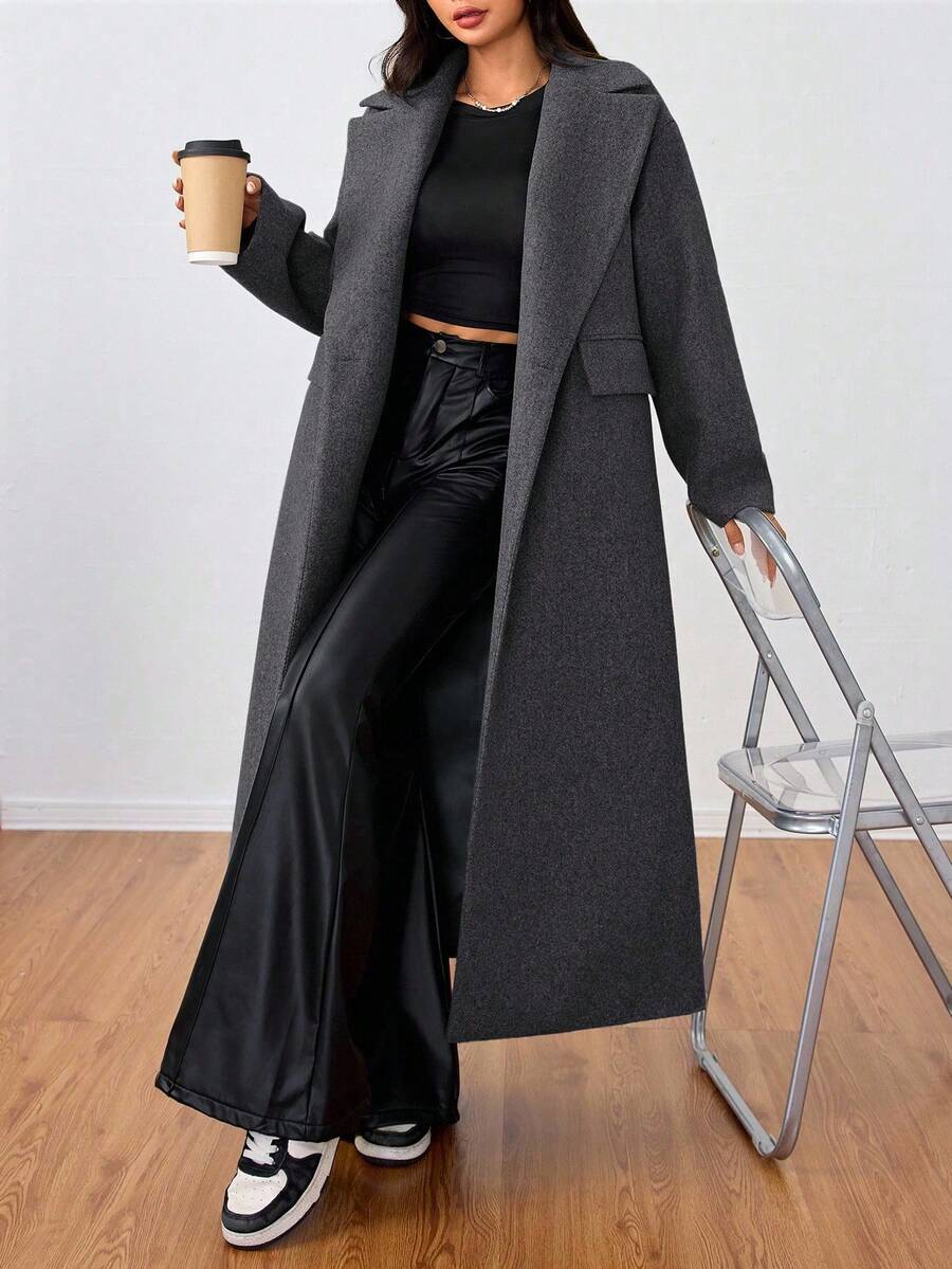 Jolie Oversized Double Breasted Long Coat with Lapel Collar - Charcoal Grey