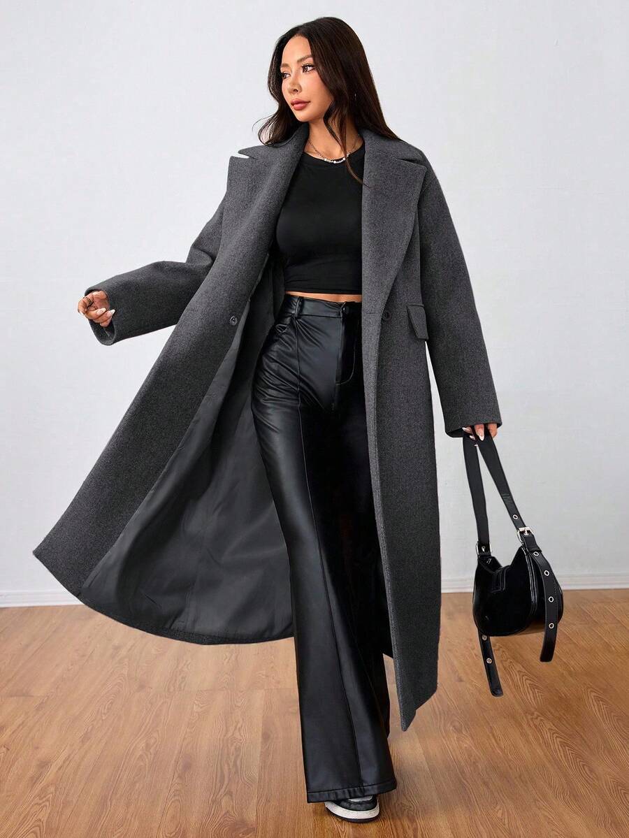 Jolie Oversized Double Breasted Long Coat with Lapel Collar - Charcoal Grey
