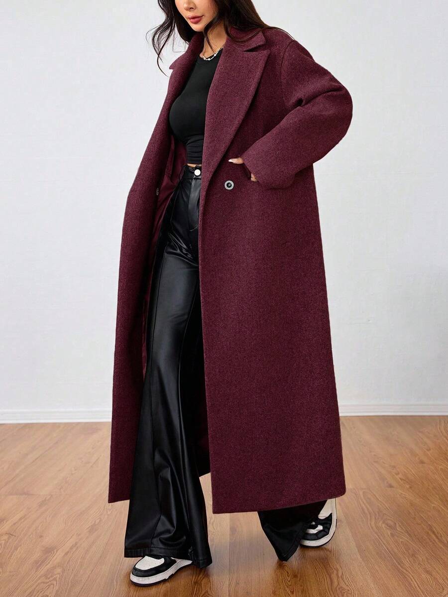 Jolie Oversized Double Breasted Long Coat with Lapel Collar - Burgundy