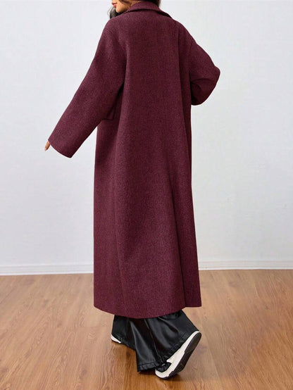 Jolie Oversized Double Breasted Long Coat with Lapel Collar - Burgundy