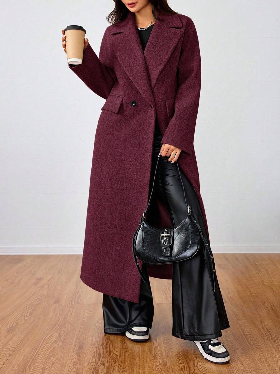 Jolie Oversized Double Breasted Long Coat with Lapel Collar - Burgundy