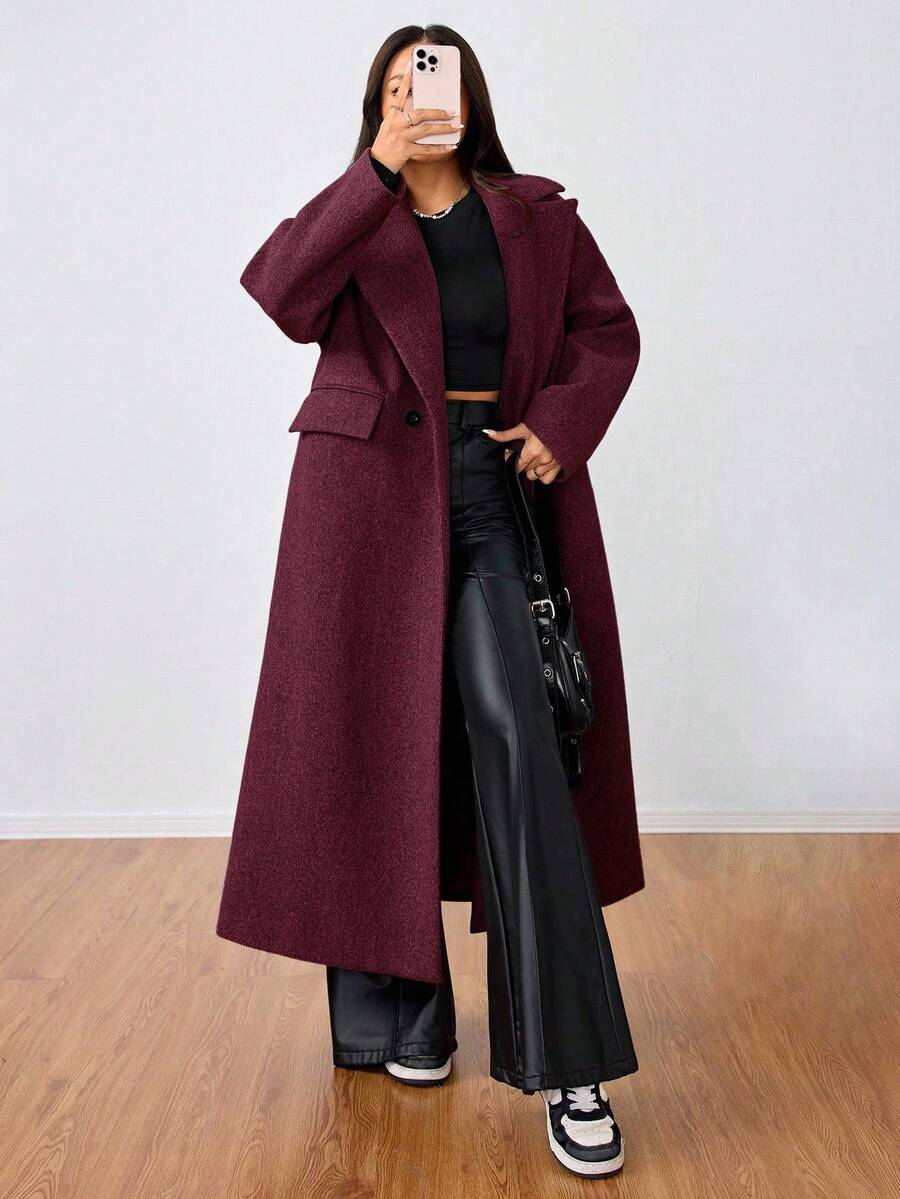 Jolie Oversized Double Breasted Long Coat with Lapel Collar - Burgundy