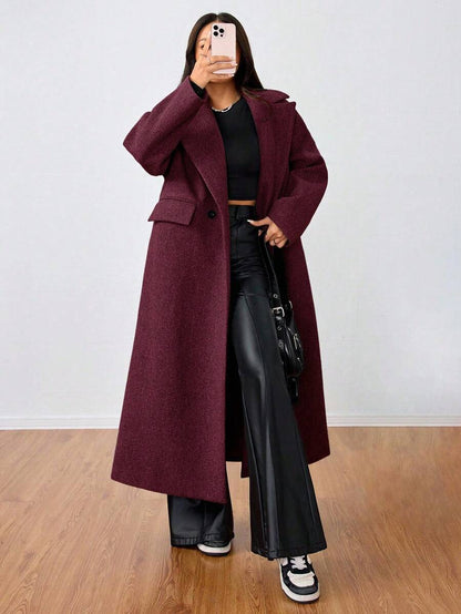 Jolie Oversized Double Breasted Long Coat with Lapel Collar - Burgundy
