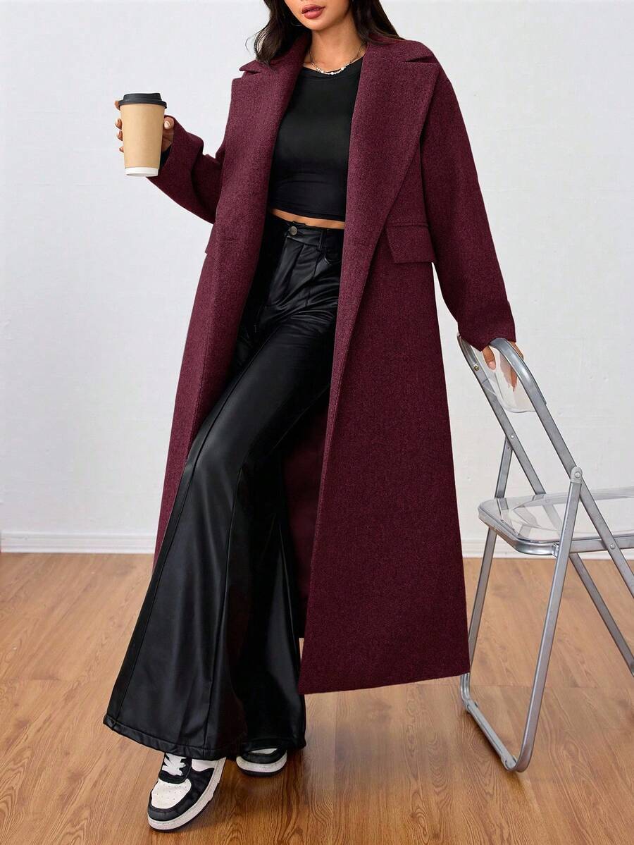 Jolie Oversized Double Breasted Long Coat with Lapel Collar - Burgundy