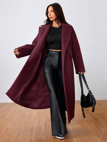 Jolie Oversized Double Breasted Long Coat with Lapel Collar - Burgundy
