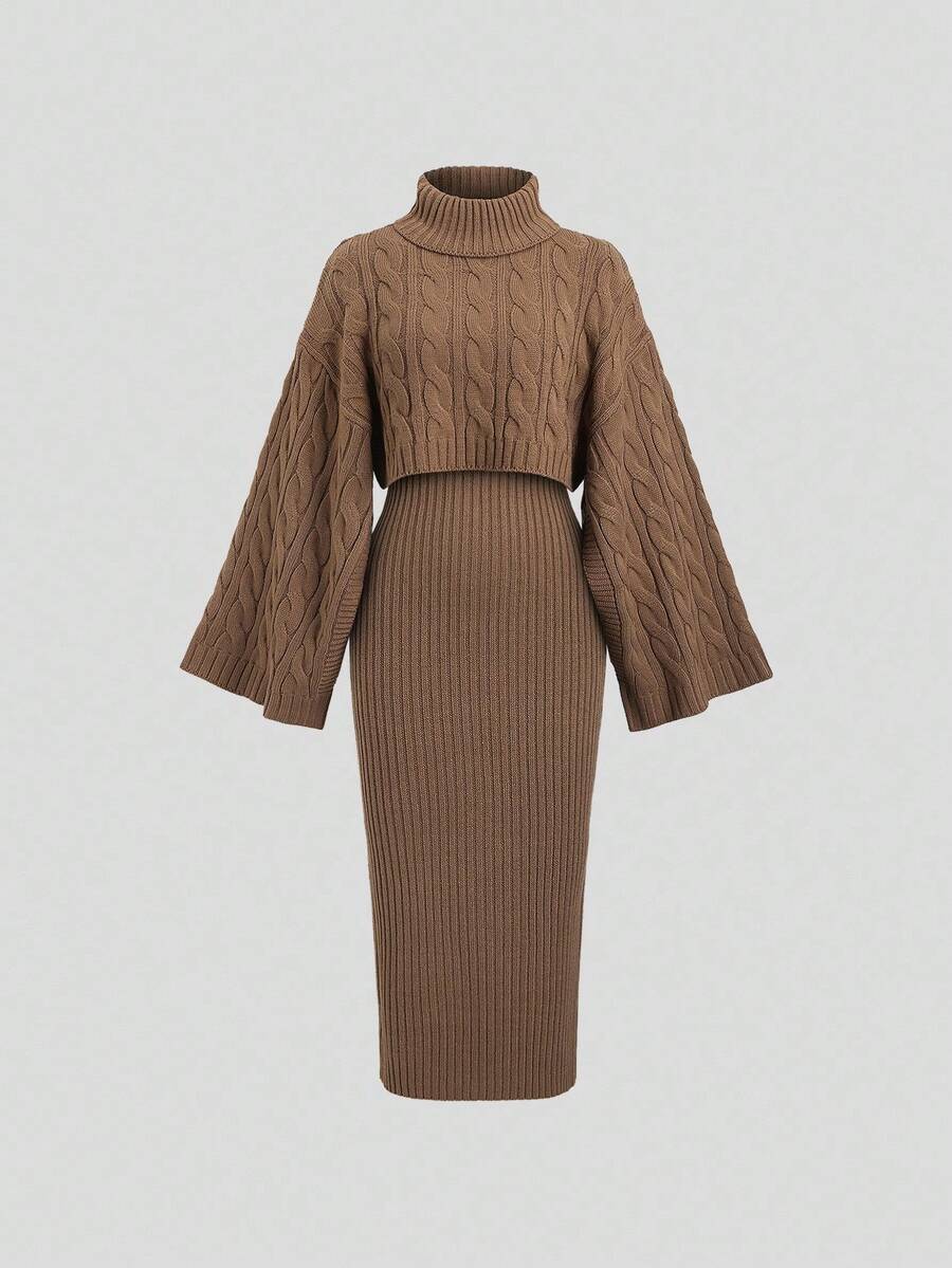 Women's Cable Knit Cropped Sweater and Slip Dress Set, Two Piece Knit Outfit for Fall - Apricot
