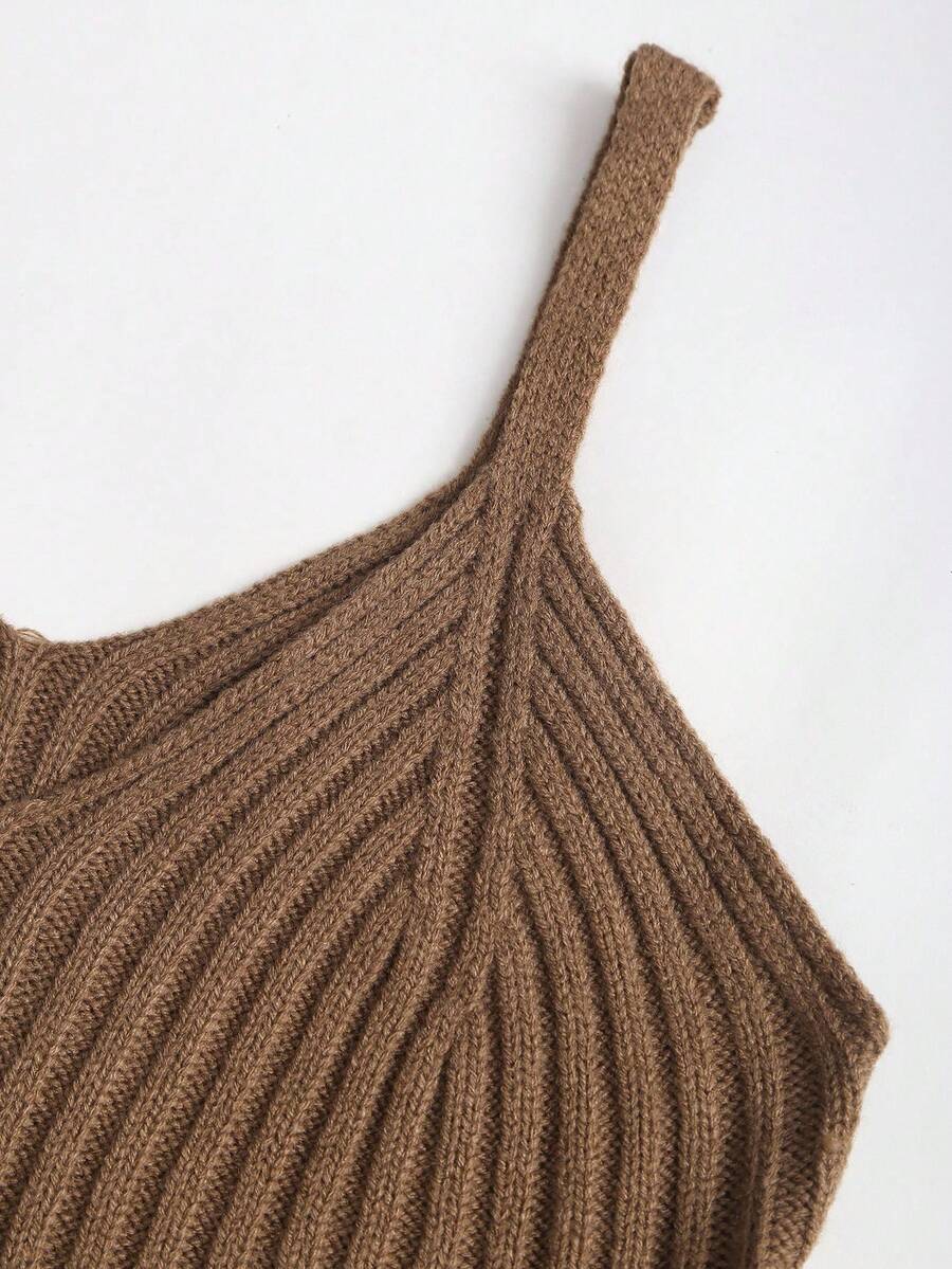 Women's Cable Knit Cropped Sweater and Slip Dress Set, Two Piece Knit Outfit for Fall - Camel