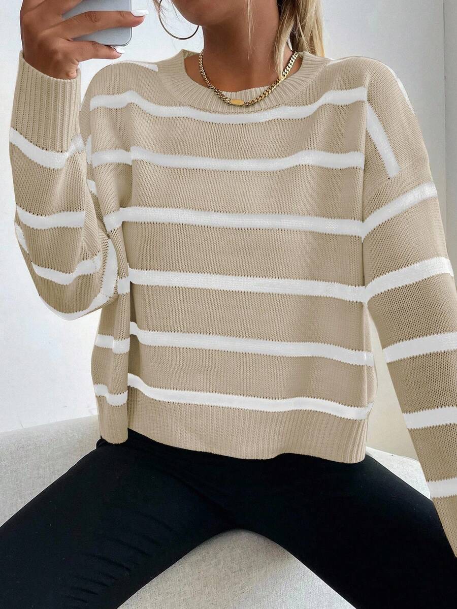 Audrey Striped Drop Shoulder Pullover Sweater - Apricot