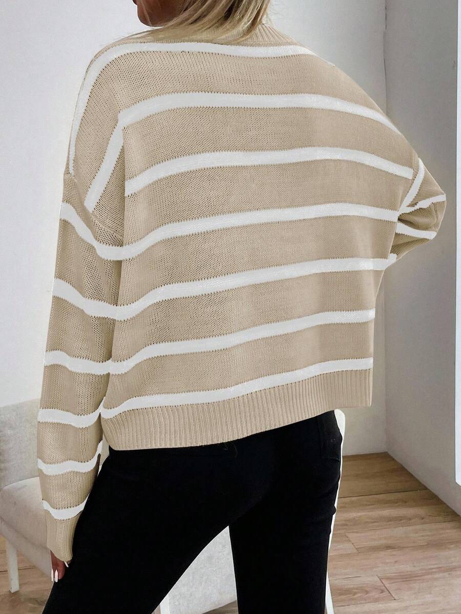 Audrey Striped Drop Shoulder Pullover Sweater - Beige
