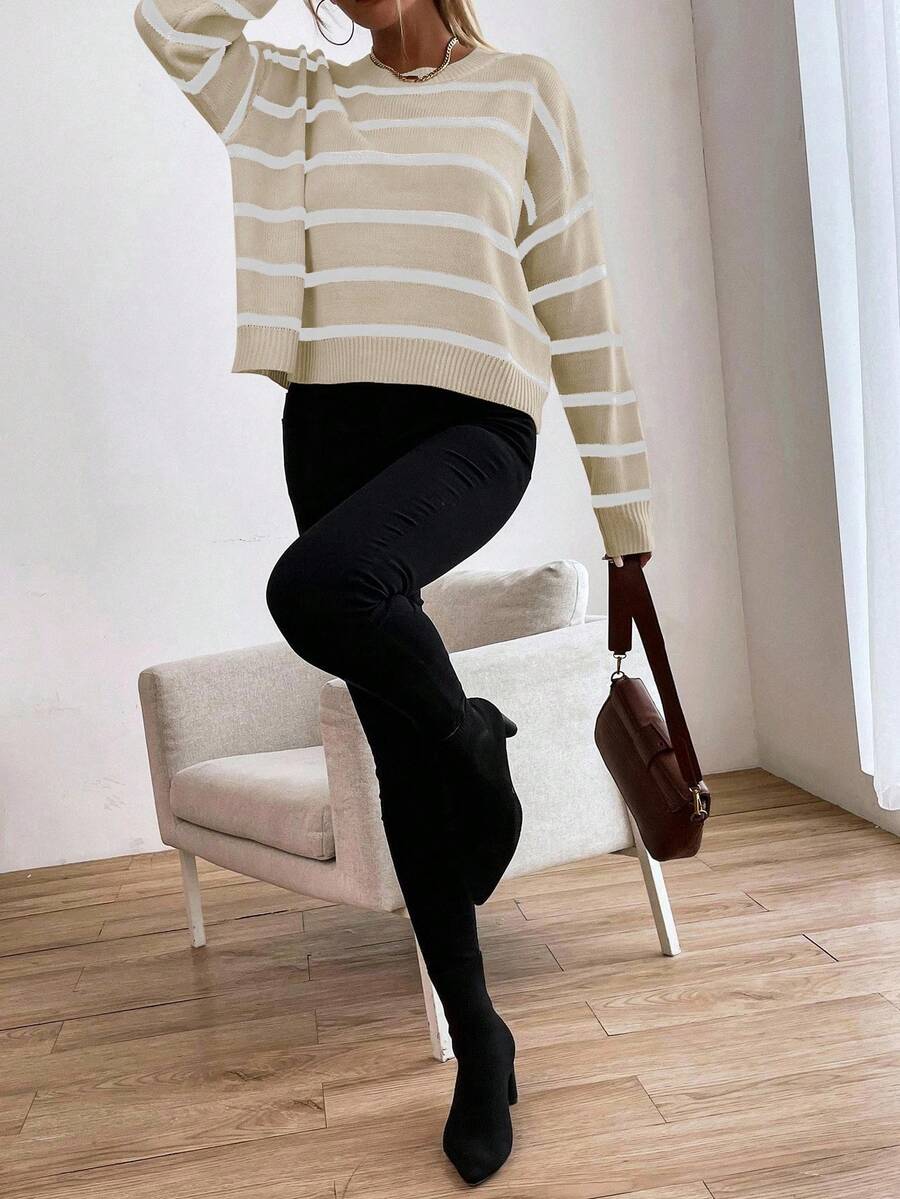 Audrey Striped Drop Shoulder Pullover Sweater - Black and White