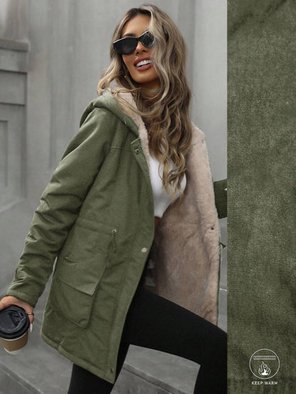 Cassia Hooded Padded Puffer Coat with Drawstring Waist - Olive