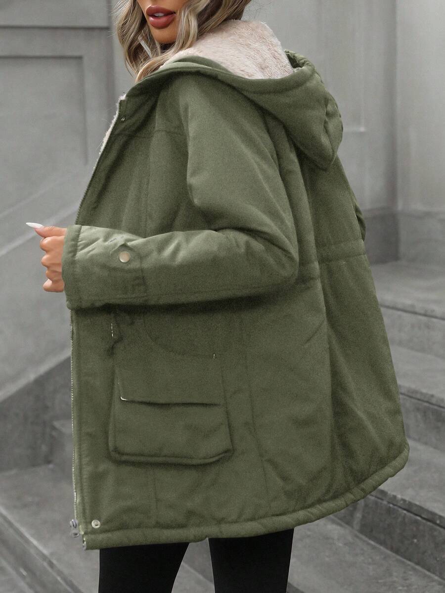 Cassia Hooded Padded Puffer Coat with Drawstring Waist - Olive