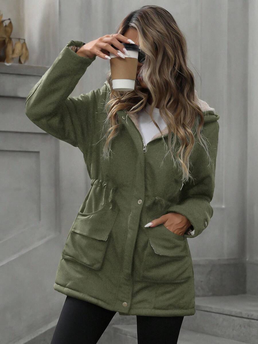 Cassia Hooded Padded Puffer Coat with Drawstring Waist - Olive