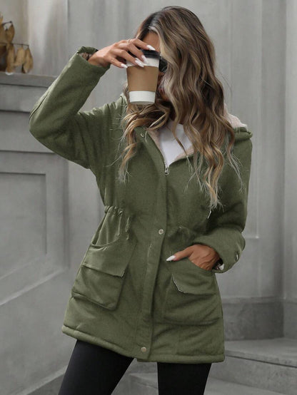 Cassia Hooded Padded Puffer Coat with Drawstring Waist - Olive