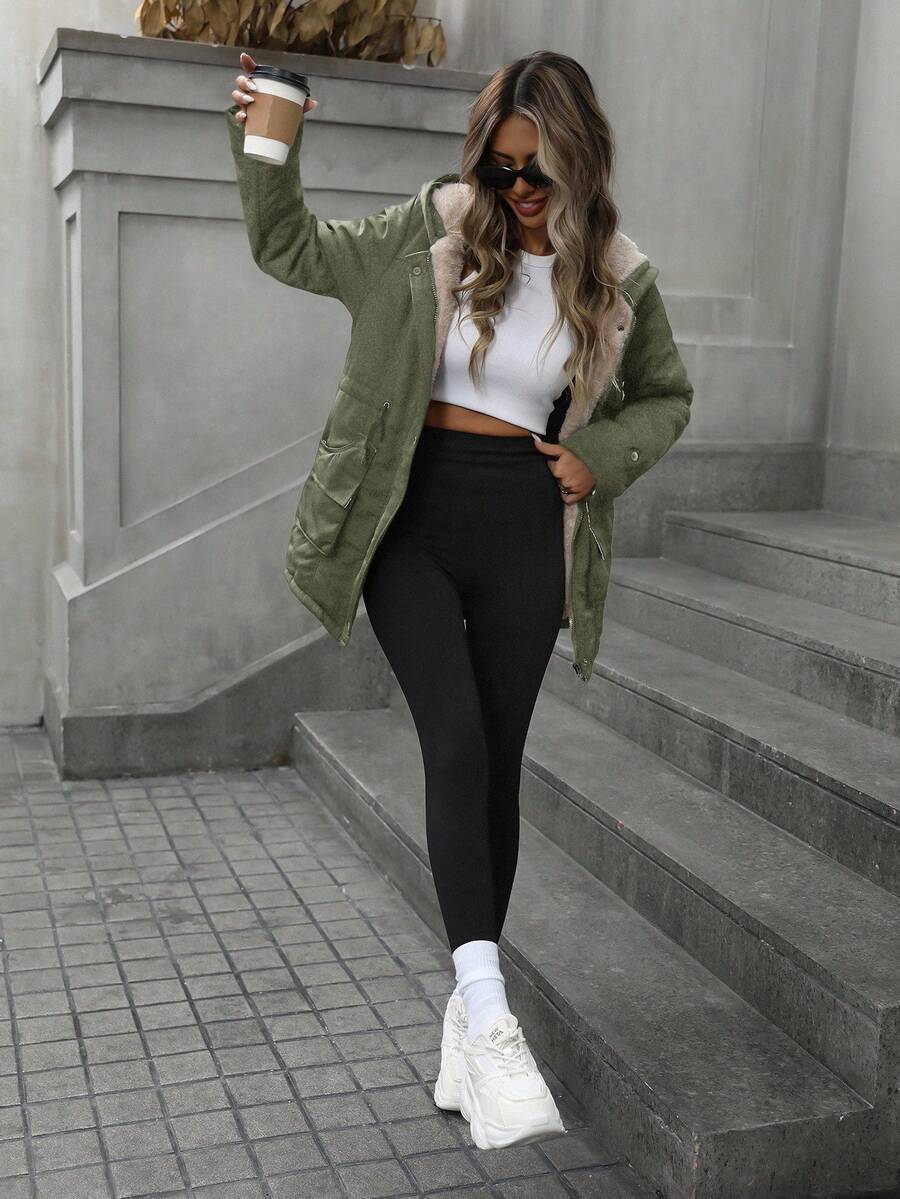 Cassia Hooded Padded Puffer Coat with Drawstring Waist - Olive