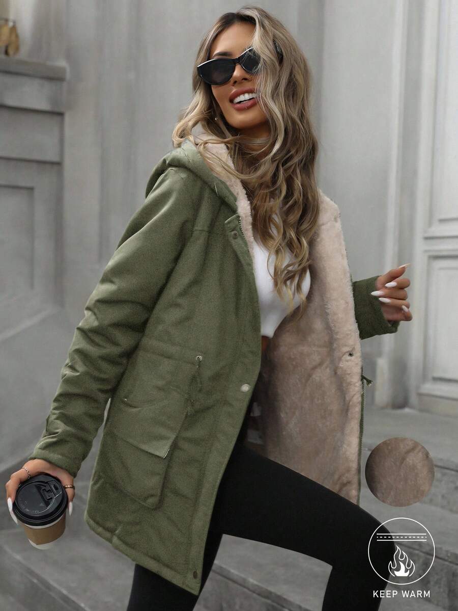 Cassia Hooded Padded Puffer Coat with Drawstring Waist - Olive