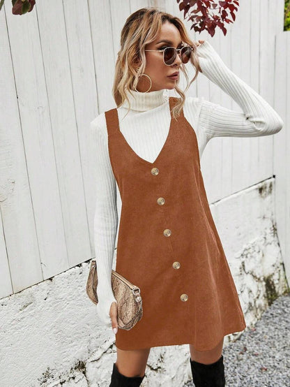 Ottilie Corduroy Button Front Pinafore Mini Dress - Rust Brown