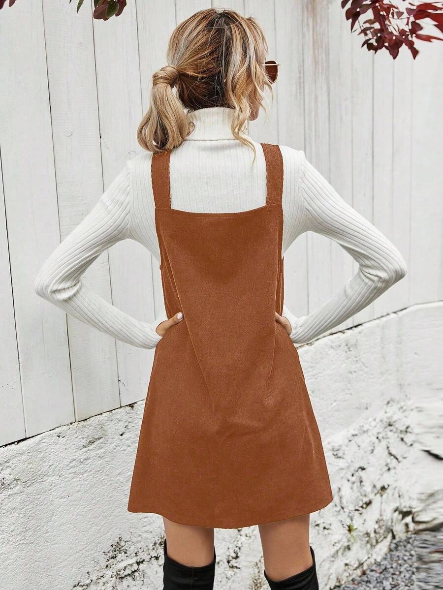 Ottilie Corduroy Button Front Pinafore Mini Dress - Rust Brown